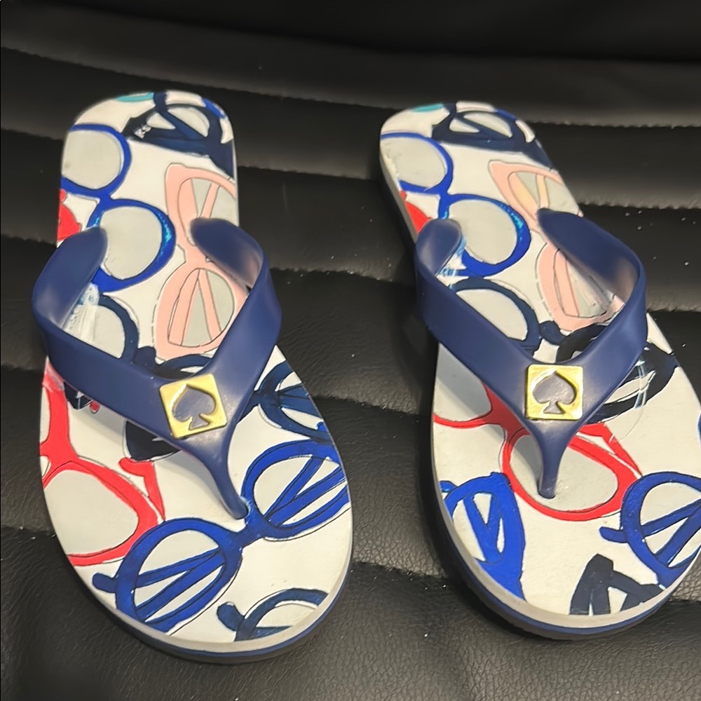 Kate Spade Blue and Red Patterned Flip Flops, Size 5